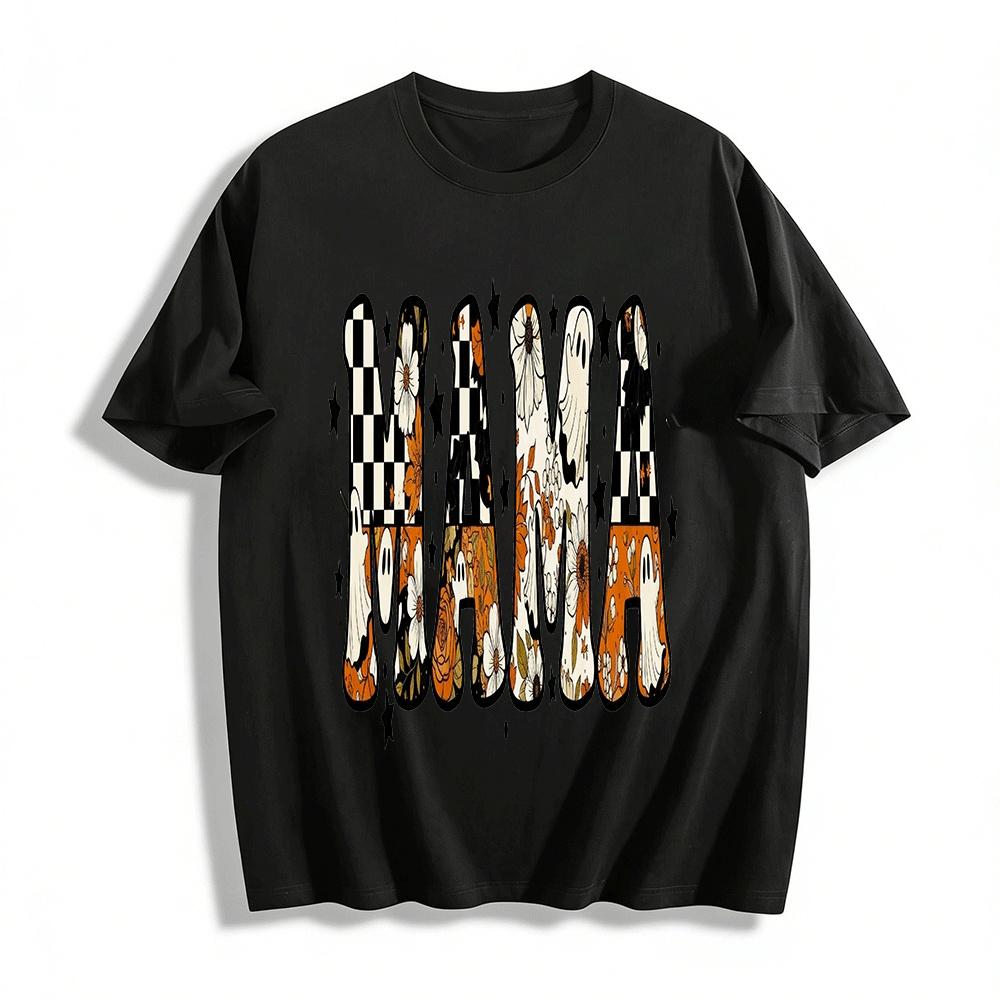 

Halloween Retro Floral Ghost Checkerboard MAMA Top Pure cotton T-shirt XXS
