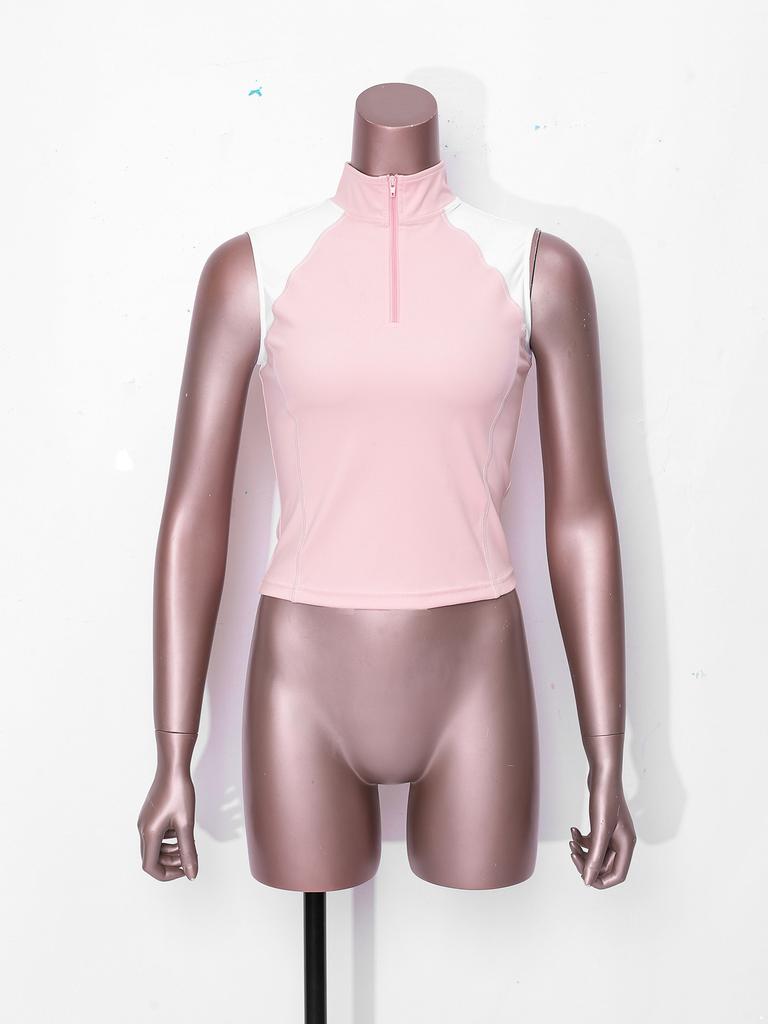 Sleeveless Zip Stand Collar Quick Dry Vest for Women Color Block Horse Riding Tank Top for Golf Tennis Equestrian Sport
