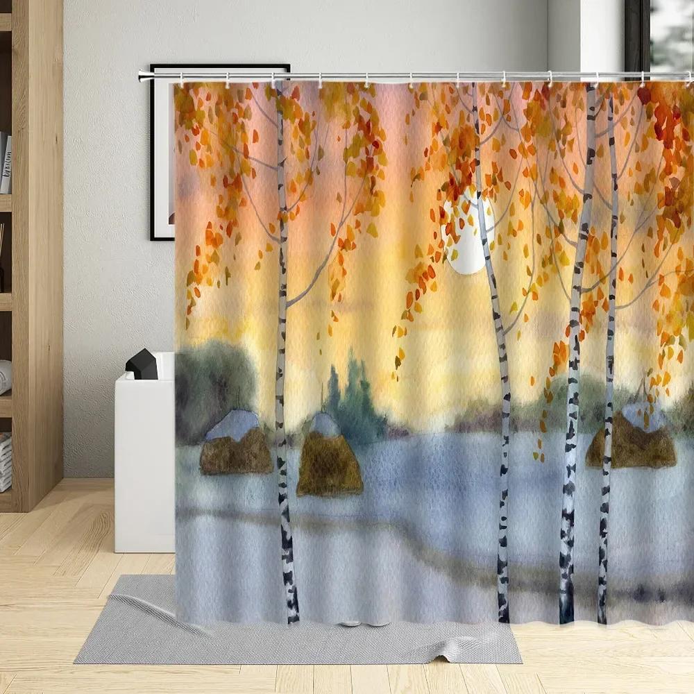 Fall Forest Shower Curtain, Farm Animals Bear Deer Vintage Wooden Barn Planks Wild Nature Mountain Sunset, Bathroom Decoration W60H190(CM)-1 Pcs