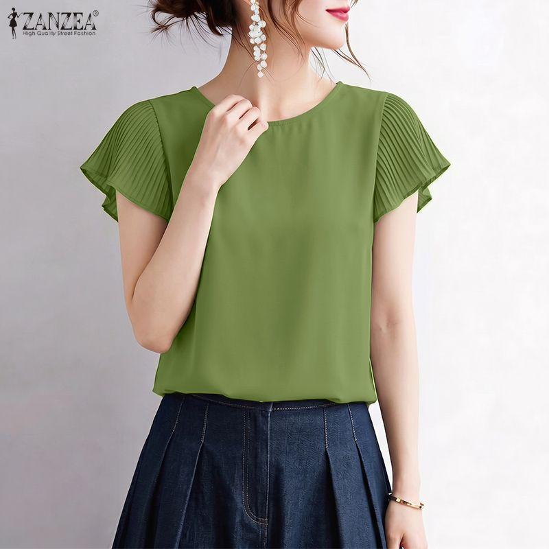 ZANZEA Blusa da donna casual a girocollo, tinta unita, manica corta larga
