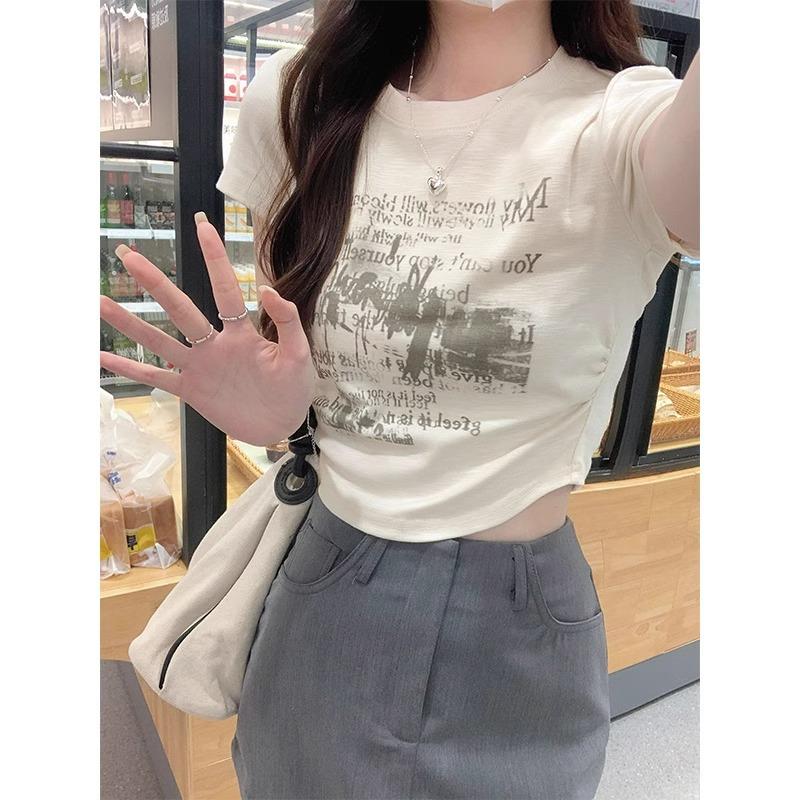 Hong Kong style chin printed round neck right shoulder t-shirt top for women summer design niche pleated waist hot girl short sleeves