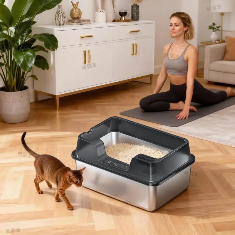 Xiaomi Stainless Steel Litter Box 60cm Cat Litter Box with Lid Semi-enclosed Litter Pan High-Sided Resistant Leak-Proof Cat Litter Mat