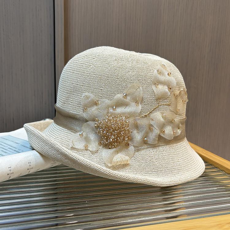 Elegant Curled Bowler Hat Women'S Spring And Summer Shopping Versatile Knitted Bucket Hat British Retro Sunshade Basin Hat