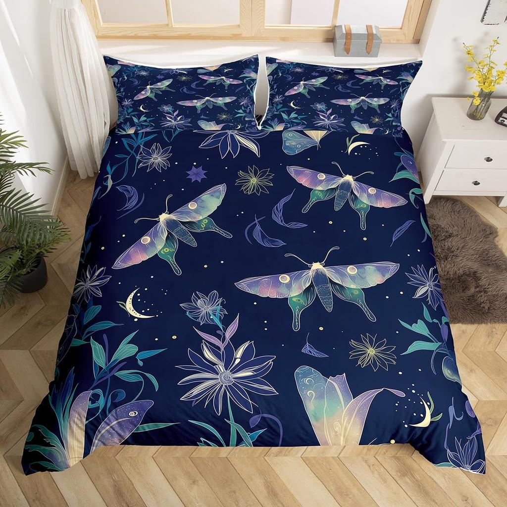 Gothic Moth Duvet Cover Set Queen Twin SizeDreamy Butterfly Animal Rustic Leaves Bedding SetExotic Starry Moon Sky Quilt Cover