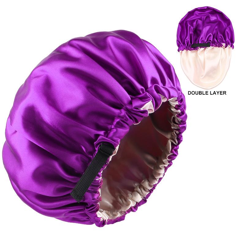 Dual-Layer Satin Sleep Cap with Adjustable Buckle, Reversible Solid Color Design - Elastic European/American Shower Cap