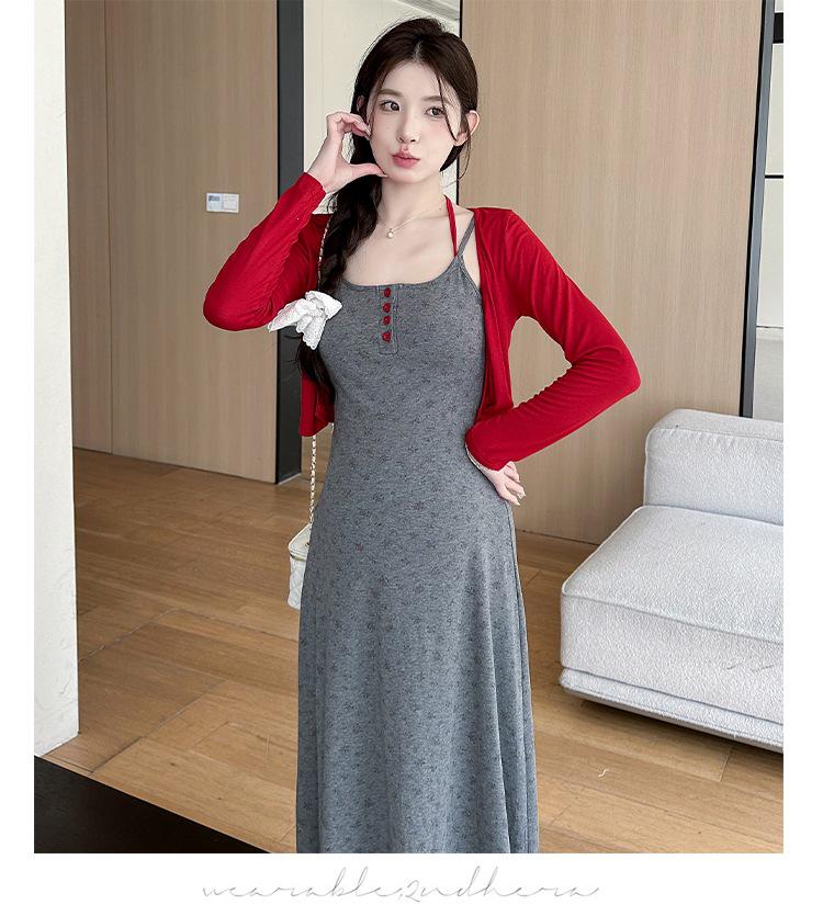 2026 Summer Floral Camisole Dress & Red Sun Protection Cardigan Set