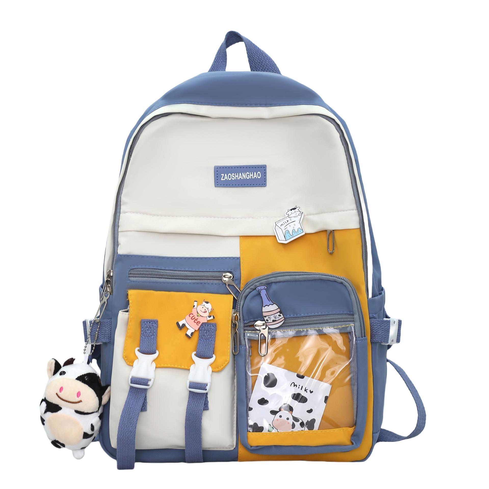 Cute Korean High School Student Birthday Series Macaron Large Capacity High Beauty Backpack With pendant синий