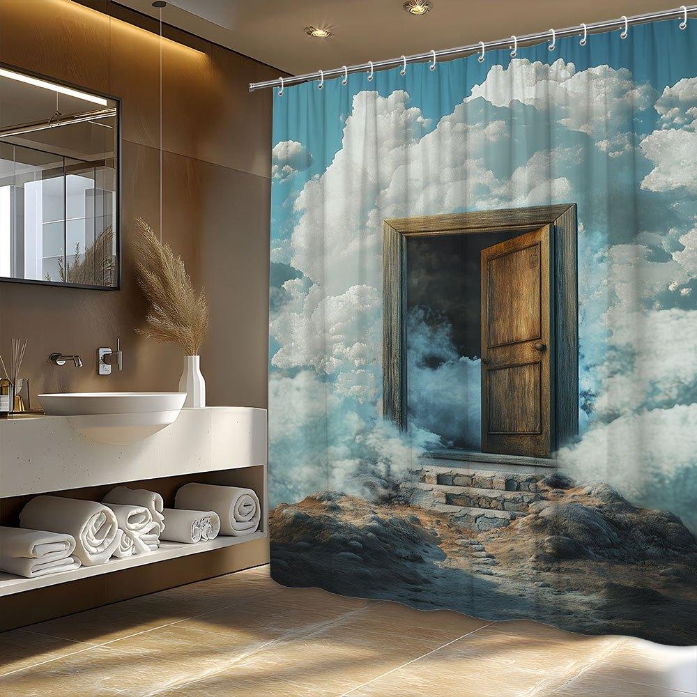 1pc Surreal Wooden Door Shower Curtain - Dreamlike Design, Open Door to Sky, Rustic Polyester, All-Season Decor