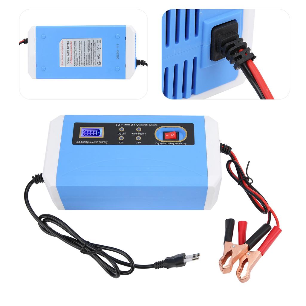 Car Battery Charger 12V 24V Efficient Intelligent LCD Display Automatic Transfer Pulse Repairing for 10Ah‑200Ah 110‑240V