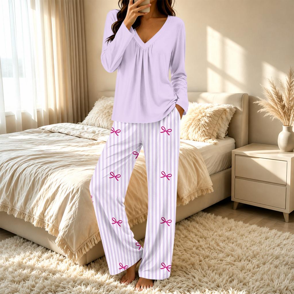 Women's V-Neck Loose Fit Printed Pajama Set Two Piece Sleepwear for Casual