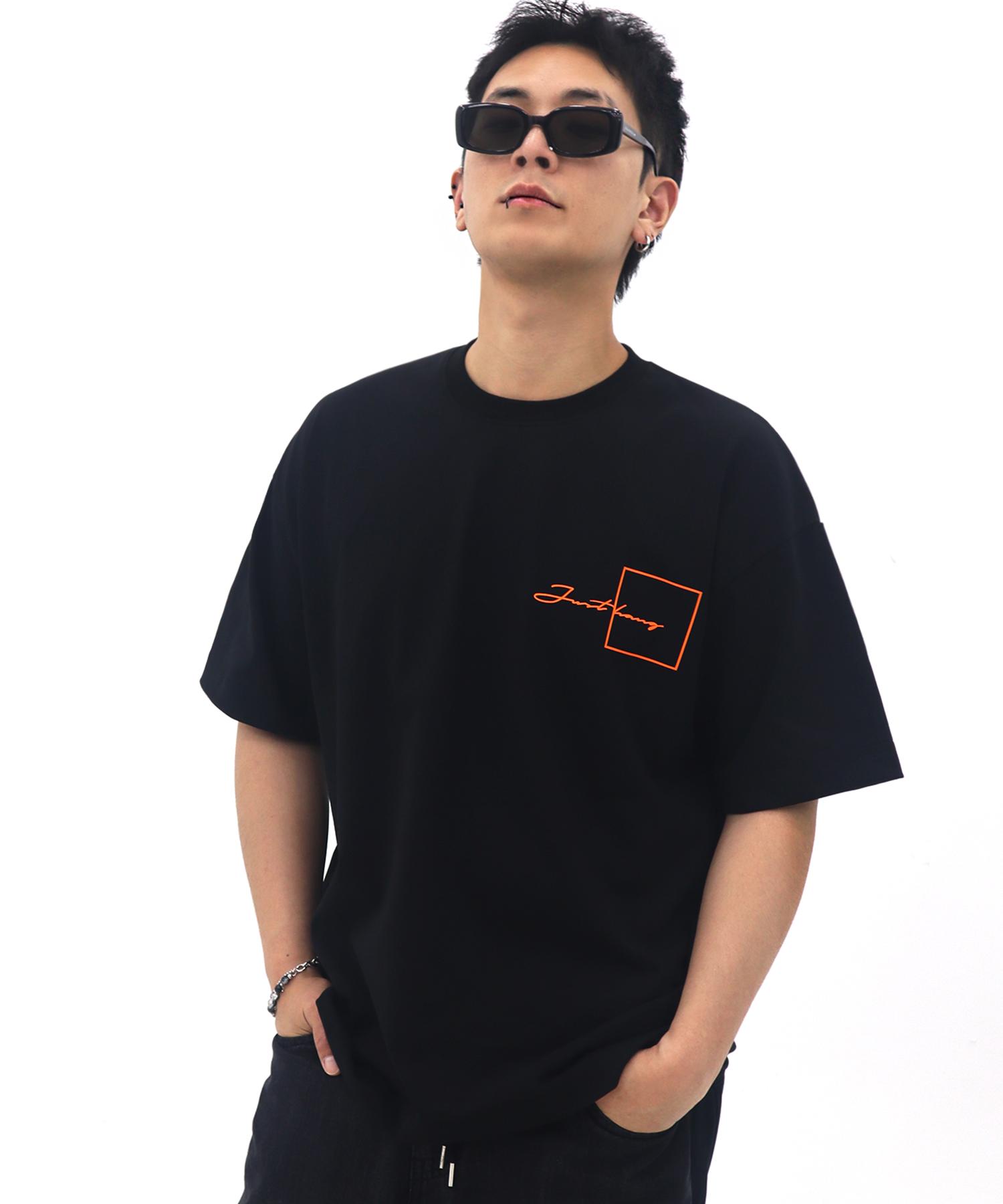 Just Haeng Orange Square Logo Oversized Black Short Sleeve Tee F