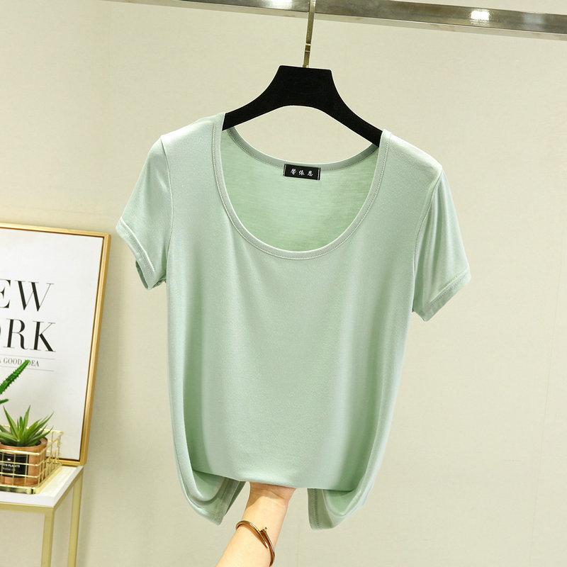 

Однотонная женская футболка с U-образным вырезом, футболка с коротким рукавом, повседневная, свободная, летняя, женская, футболки, топы, большие размеры 2XL светло-зеленый