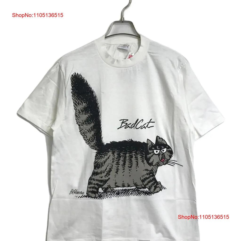 Magliette pazze Vintage anni '90 Kriban Cat BADCAT stampa T-shirt Taglia S Bianca Uomo vintage Lavata Comoda Elasticizzata Casual Unisex