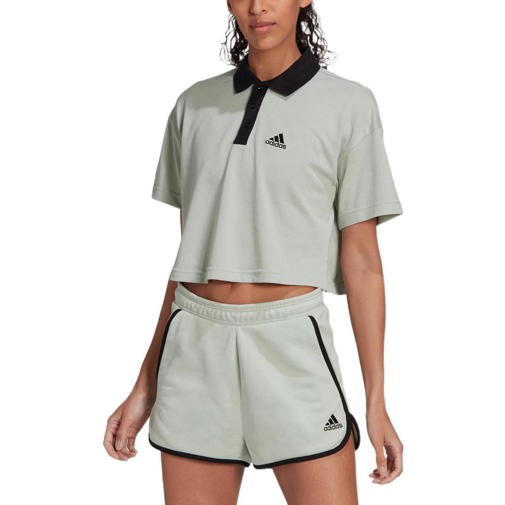 Adidas Womens Cropped Polo Solid Logo Print Sports Short Sleeve Polo Shirt Women Polo Shirts Linen-Green HY5527