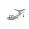 Fashion Summer New Slippers Rhinestone Silver Line with Square Head Thin Heels High Heels Sandals Wear Women Exquisite Sandals