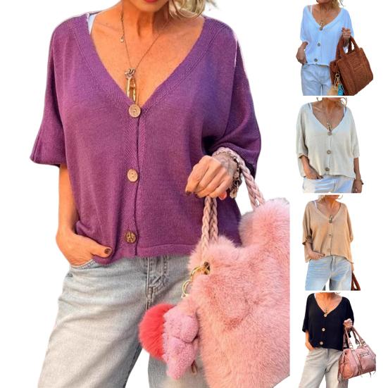 Topuri Dama Decolteu în V Mânecă Scurtă Plachetă cu Nasturi Topuri Cămașă Croială Lejeră Culoare Solidă Vară Casual Topuri Tricotate