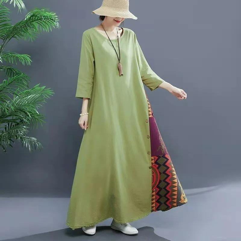 Autumn Retro Floral Round Neck Contrast Color Button Stitching Three-quarter Sleeves