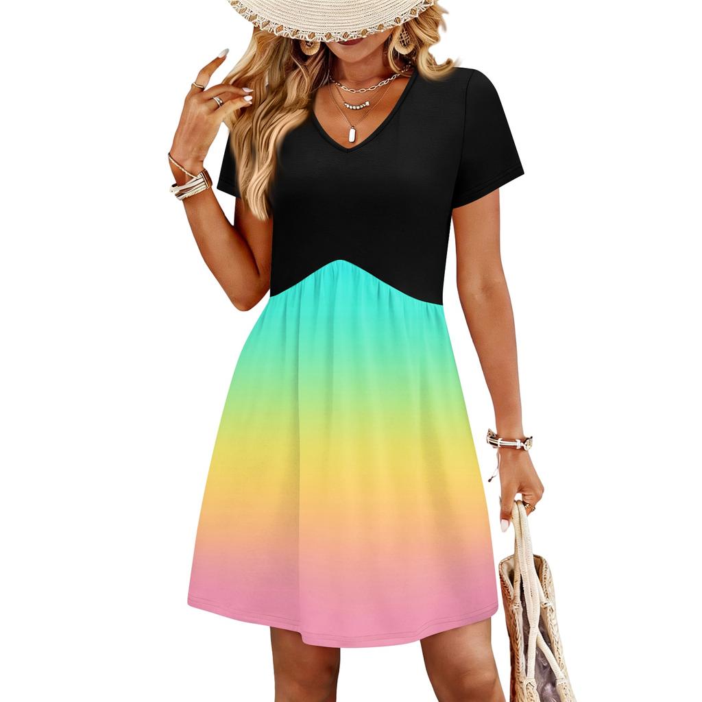 Modisches Damenkleid mit Print, V-Ausschnitt, kurzärmelig, locker, lässig, für den Strandurlaub