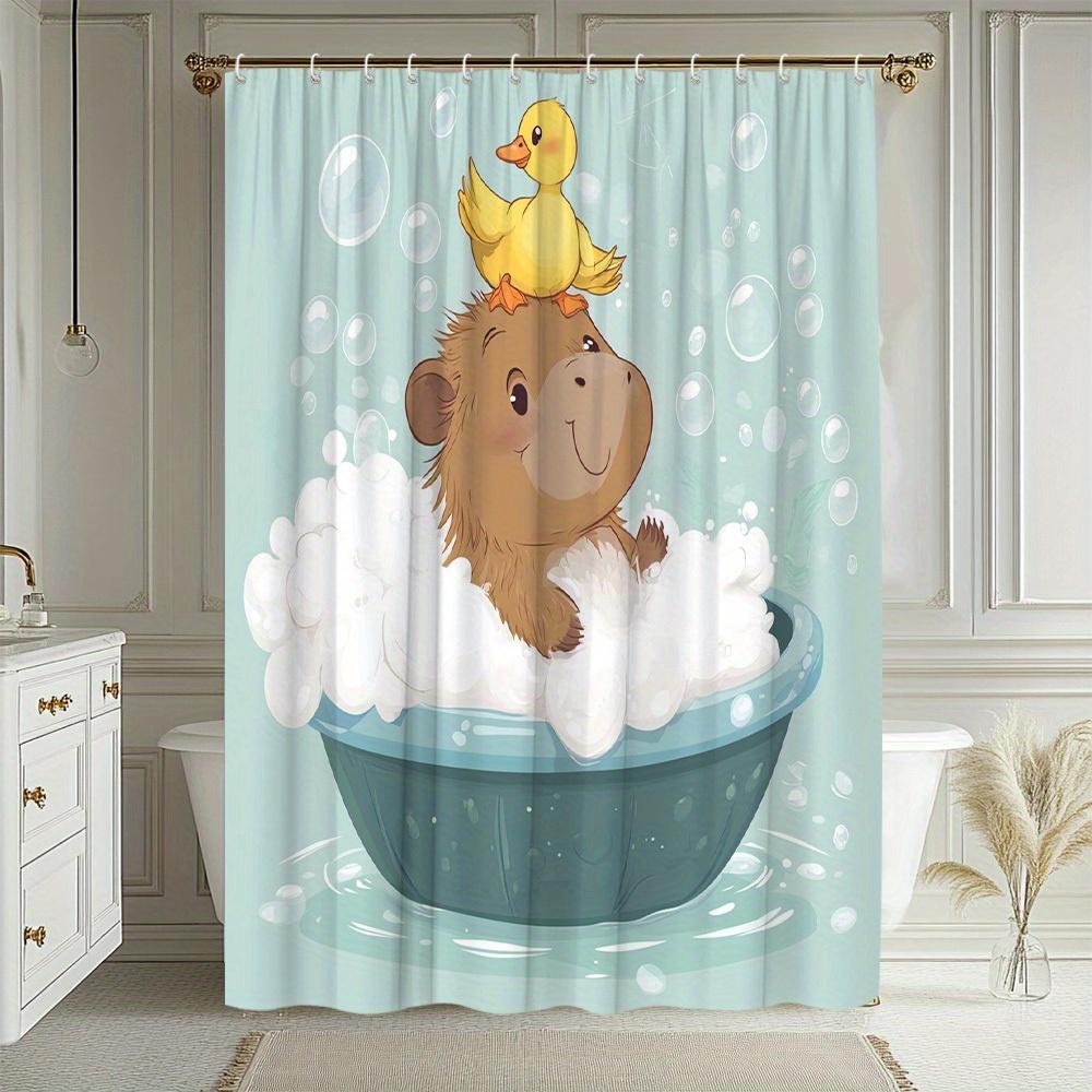 1Pc Fun Animal Theme Shower Curtain Cute Hippo And Duck Bubble Shape Fresh Watercolor Style Vivid Pattern Add Unique Charm To Ba