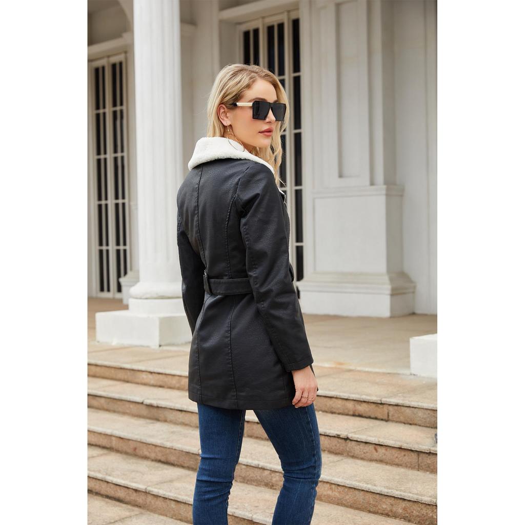 Long-sleeved plus velvet leather jacket women's lapel double-headed zipper belt warm jacket