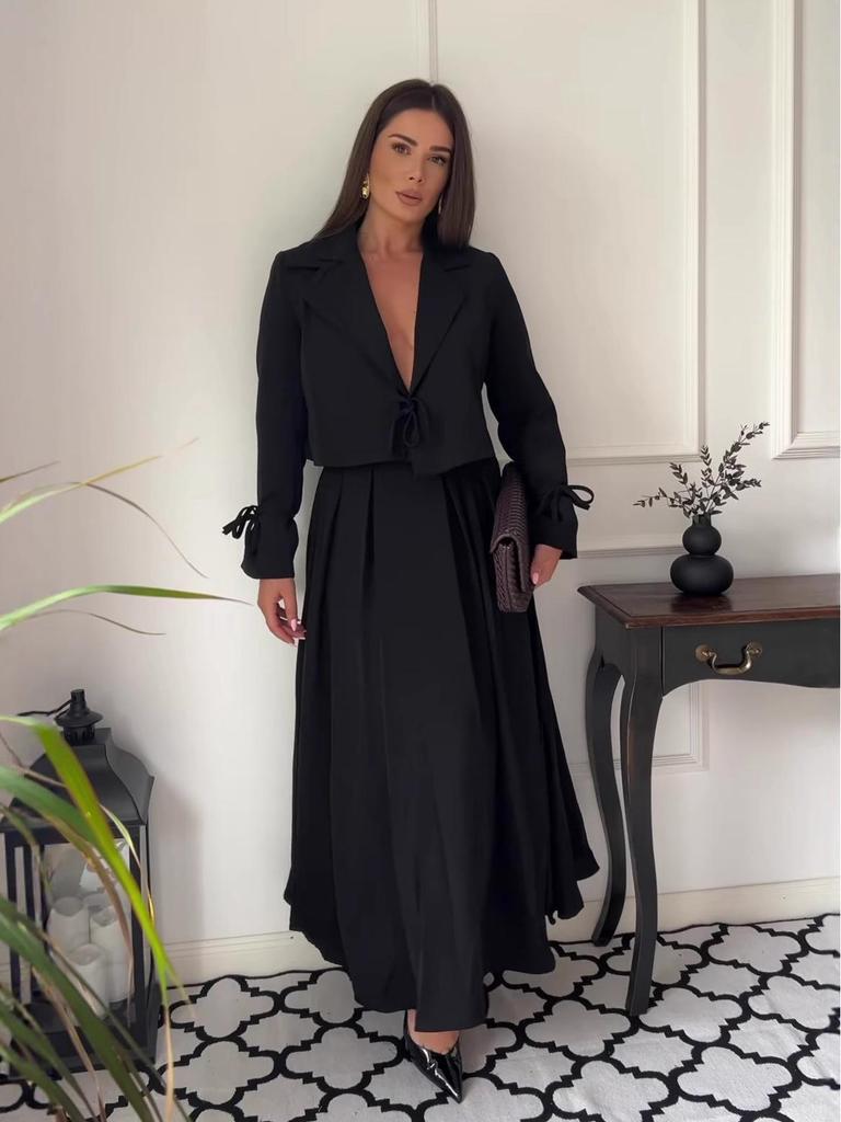 Vintage Långärmad Dam Kort Kostym Topp & Högmidjad A-linje Midi Kjol Set