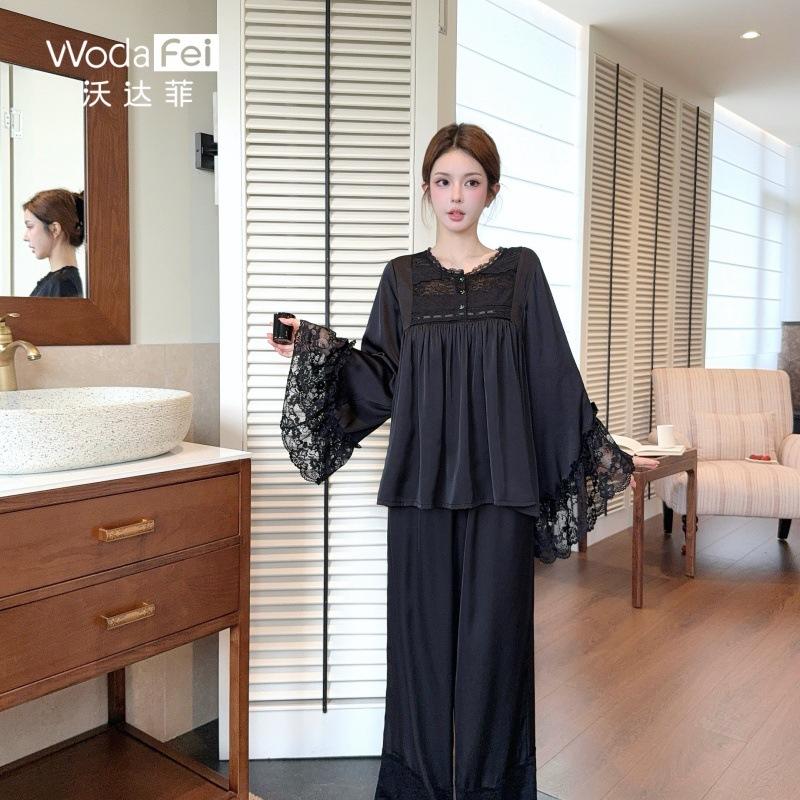 Princess style lace satin pajamas women's spring and autumn new court style doll shirt pajamas horn sleeves thin loungewear
