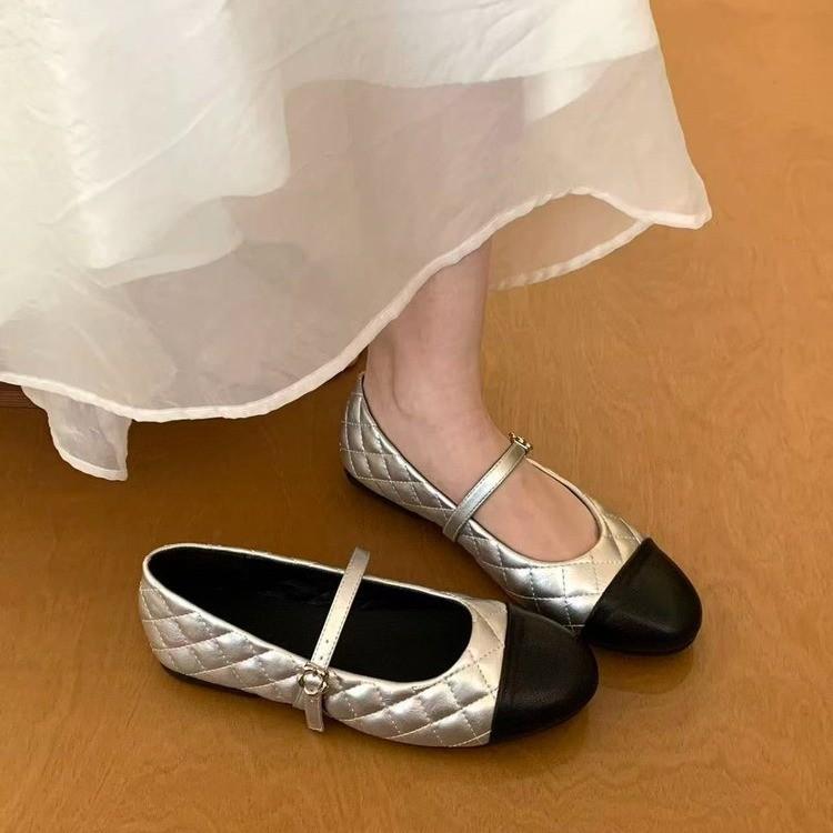 Flat-Bottomed Small Fragrant Style Color Matching Diamond Single Shoes Women'S Spring French Commuter Shoes One-Word Buckle Mary Jane Shoes