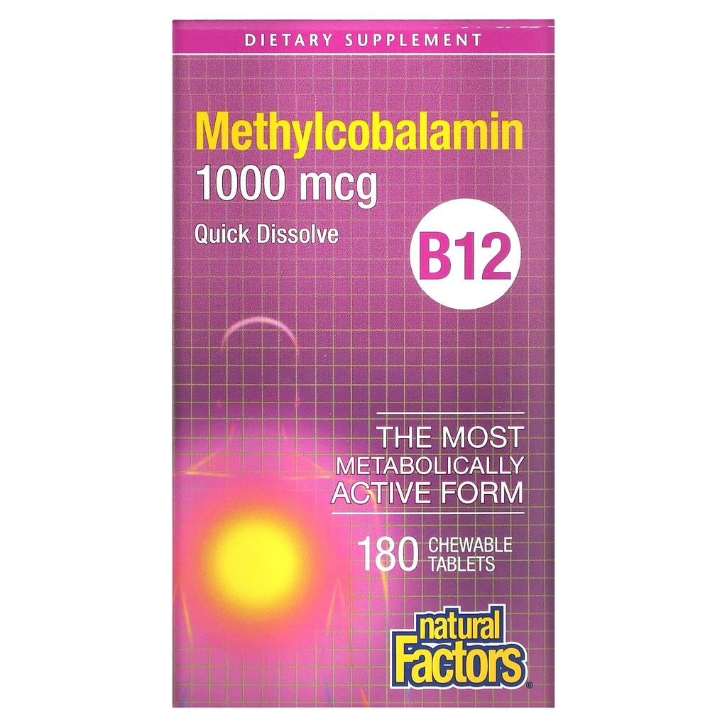 Natural Factors B12, Metylokobalamina, 1000 mcg, 180 tabletek do żucia