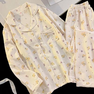 Women's Pajamas Autumn Spring Long Sleeve Soft Sleepwear Set Cherry Floral Cartoon Pyjama Woman Home Nightwear Set Cardigan