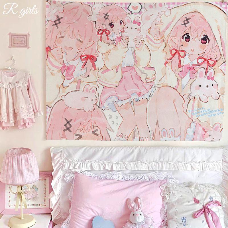 ins Japanese sweet girl background wall hanging cloth cartoon cute bedroom room decoration background cloth wall tapestry