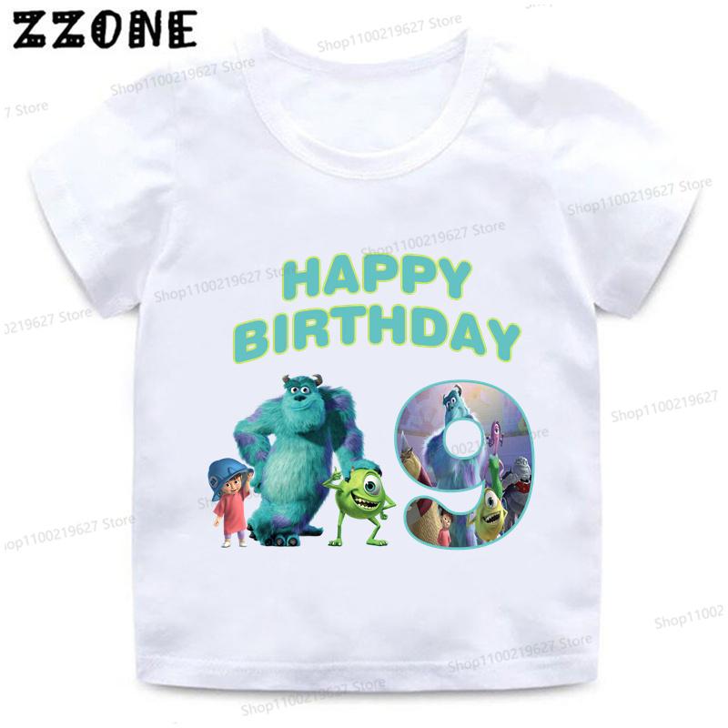 Monsters Inc University Print Cartoon Girls Clothes 1 2 3 4 5 6 7 8 9 Years Birthday Kids T shirt Baby Boys Children T-Shirt
