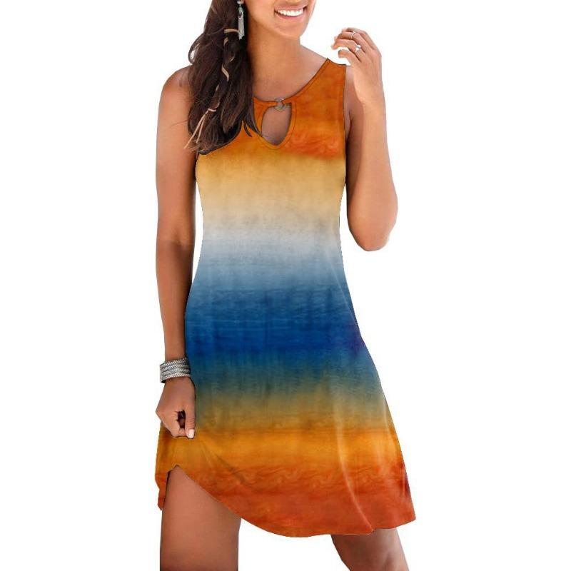 Spring Casual Style Japan and South Korea Casual Women's Printed Round Neck Big Swing Dress