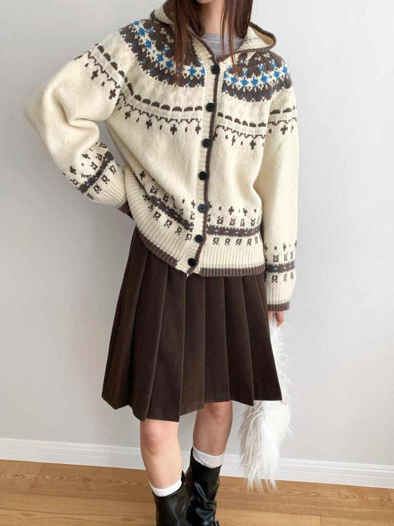 Dorothy Fair Isle Retro Pletený kardigan s kapucí - Dámský zesílený svetr ke všemu