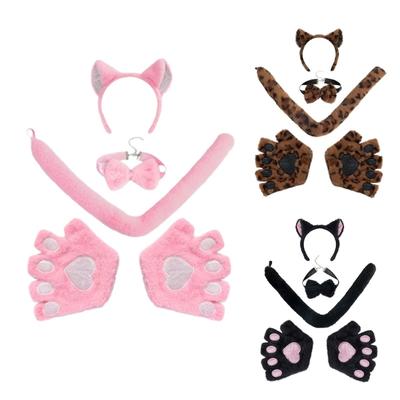 Cats Costume Set Cats Ears Tail Glove Bowtie Animal Fancy Costume Kit Accessorise Adults Kids for Halloween Cosplays