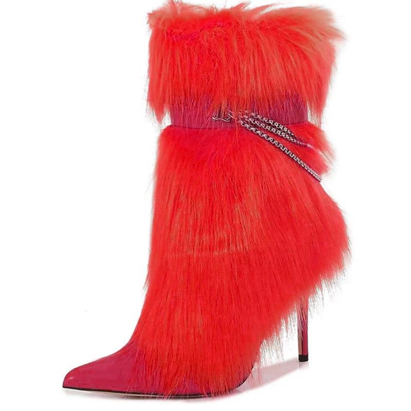 Fashion New High-heeled Pointed Niche Design Chain Hairy Boots European American Fashion Black Red Spicy Girl Sexy Women's Boots Size 43