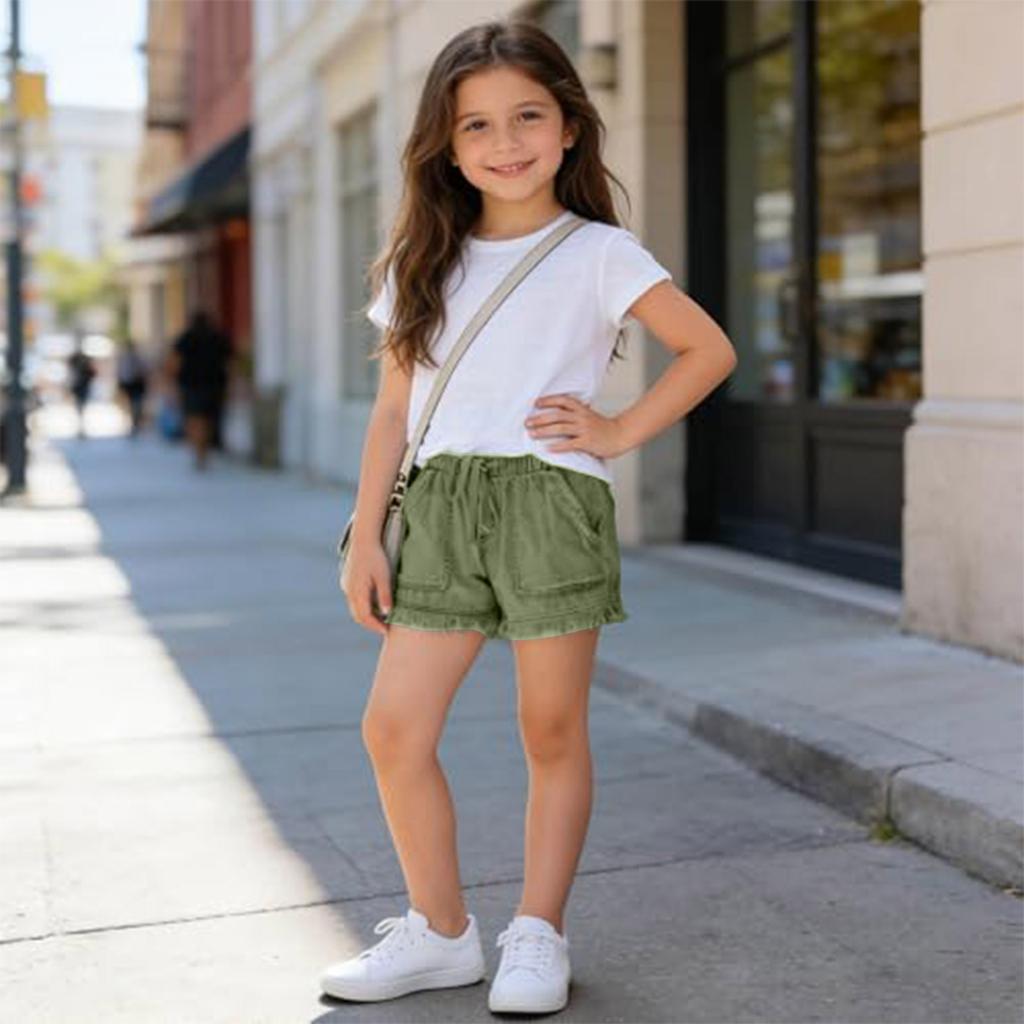 Girls Elastic Waist Casual High Waist Drawstring Shorts with Frayed Hem and Front Pockets Lightweight Soft Fabric Summer Bottoms
