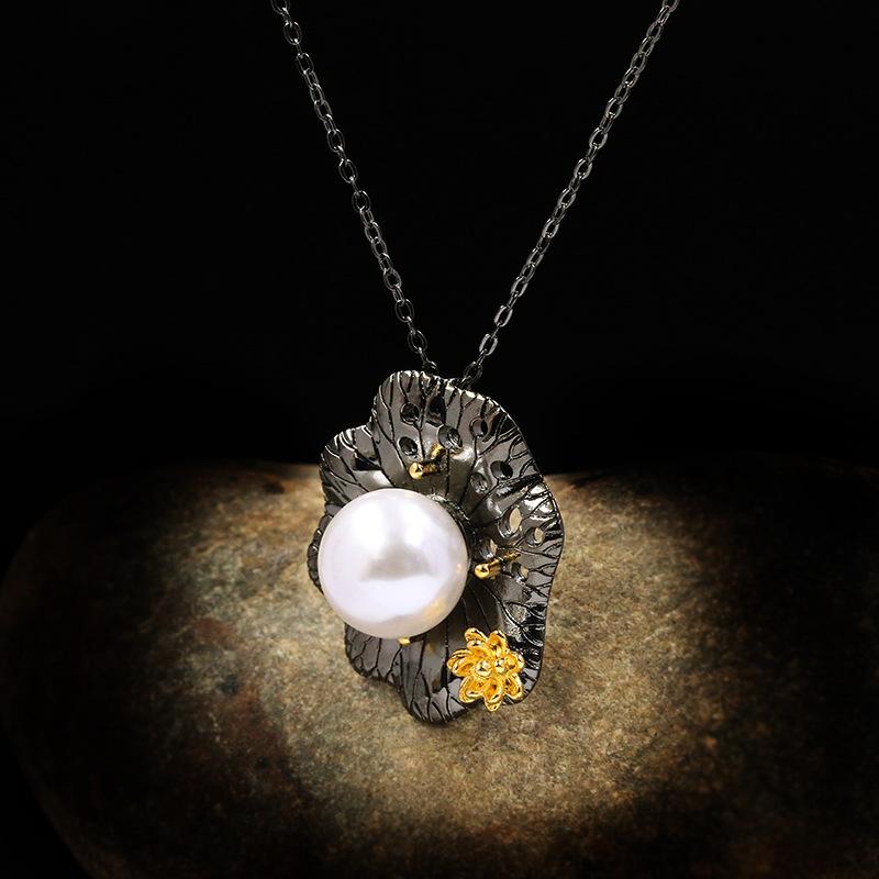 Exquisite Flower Freshwater Pearl Pendant Necklace Wild Black Gold 925  Ladies Jewelry Sweater Chain Banquet Jewelry