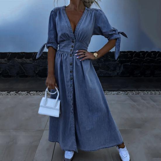 Women's Denim Long Dress V-Neck Short Sleeve Button Down Maxi Dress Casual Jean Dress for Spring Summer