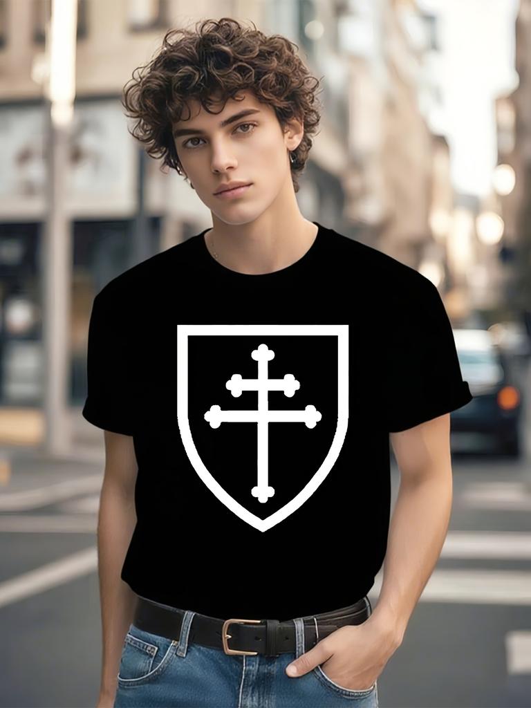 Cross of Lorraine Graphic T-shirt - Minimalist Black & White Shield Design