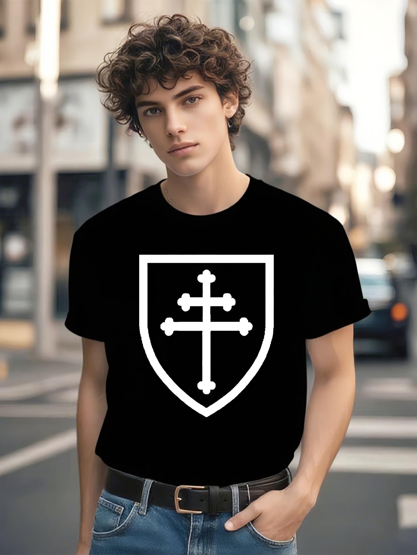 Cross of Lorraine Graphic T-shirt - Minimalist Black & White Shield Design L
