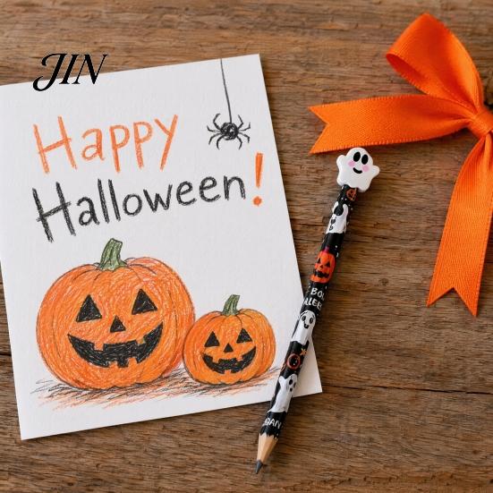 Pumpkin Pencils 12 Pcs Halloween with 3D Skull Ghost Cat Erasers, Smooth Writing Wood Bulk for Goodie Bags, School Classroom Rewards Supplies Seasonal