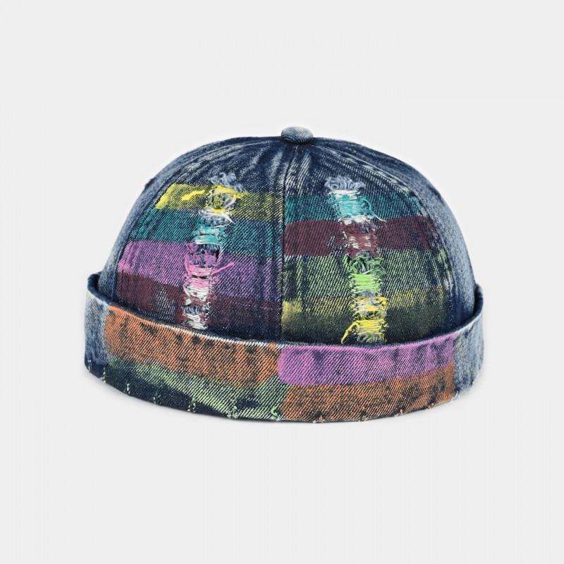 Vintage Distressed Denim Cap With Hand-Painted Colorful Stripes Unisex Adjustable Flat Top Hat Streetwear Hip Hop Style