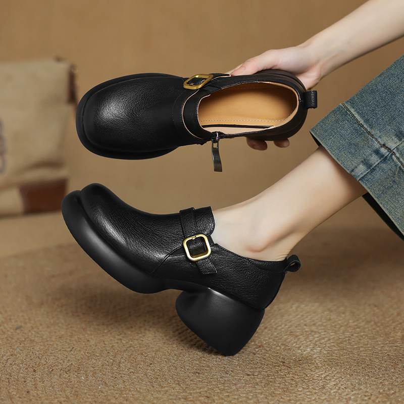 Krazing Pot cow skin Autumn Winter Shoes Metal Buckle Loafers chunky Heels Slip on Size 43 Round Toe Slip on Deep Mouth Pumps