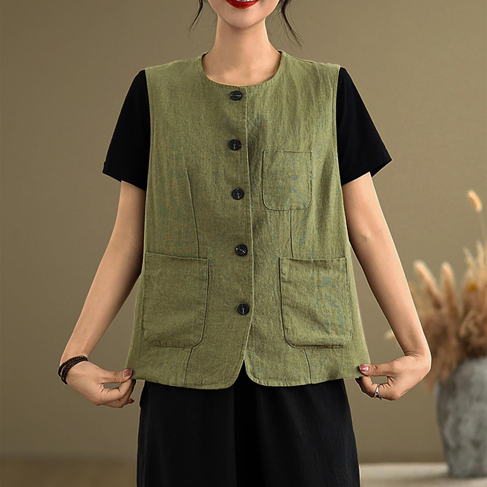 

Womens Cotton Linen Vest Casual Sleeveless Coat Cardigans Lightweight Jacket Waistcoat Top L армия зеленый