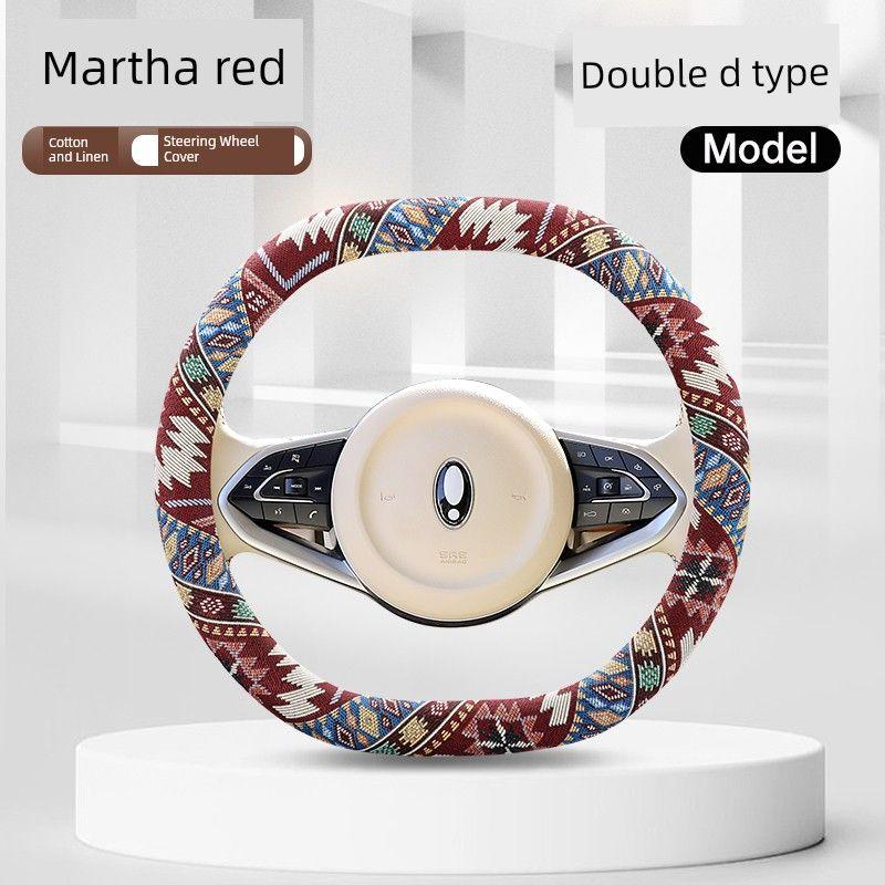 Ethnic Style Cotton and Linen Car Steering Wheel Cover, Universal for All Seasons, Non-Slip Handle Cover, Women's Cartoon Summer Fabric