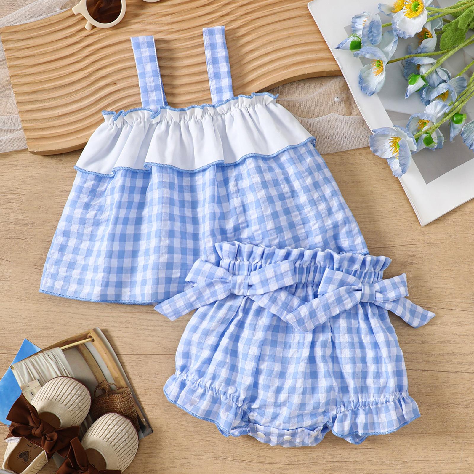 

Summer Children s Plaid Halter Top and Cute Shorts Set for Girls 18-24M світло-синій колір