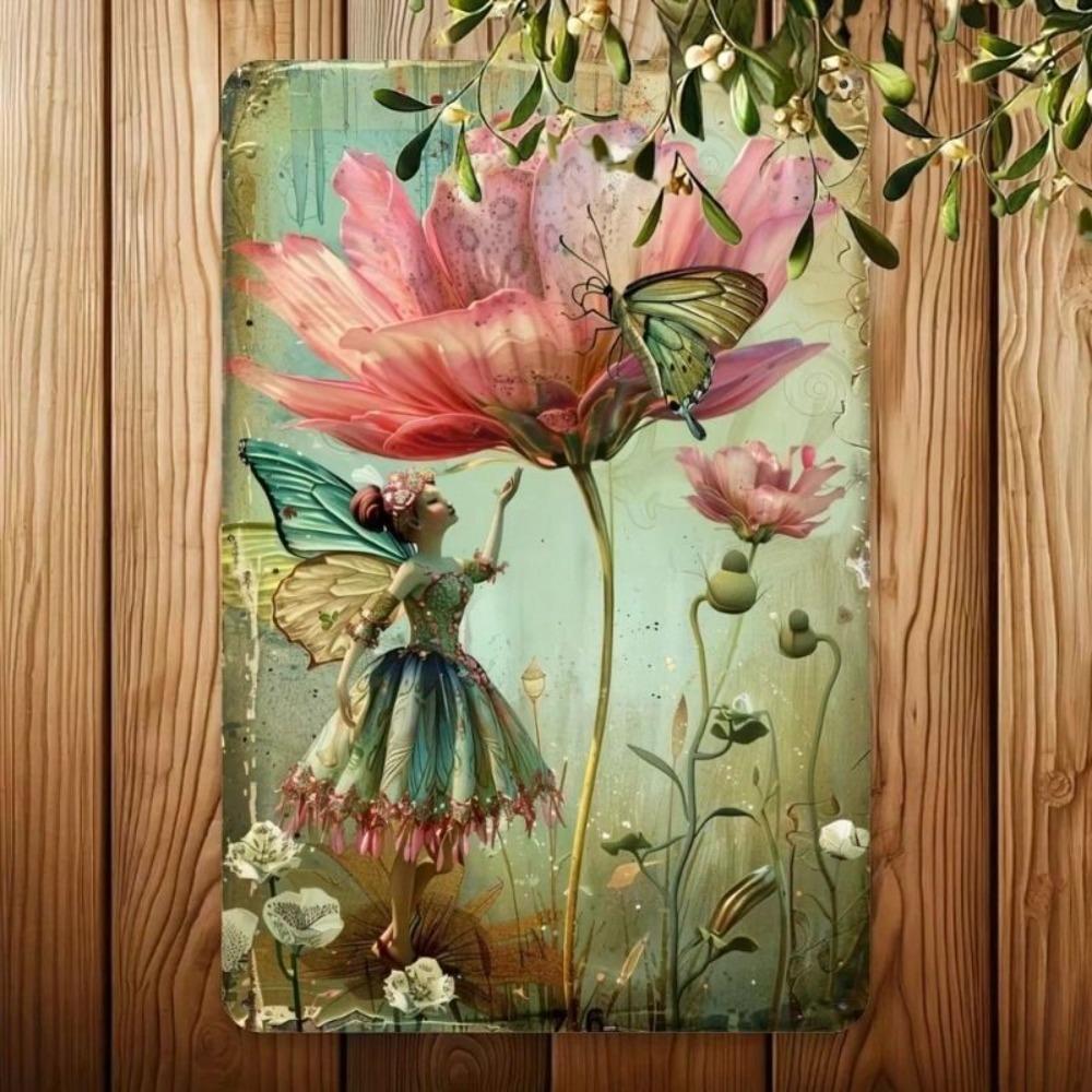 Vintage Fairy Butterfly Flower Metal Wall Art Sign