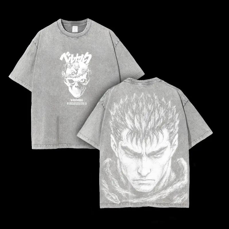 Anime Berserk Guts Printed Tee Men Women Washed Cotton T-shirts Short Sleeve Vintage T Shirt Harajuku Casual Oversized Tshirt