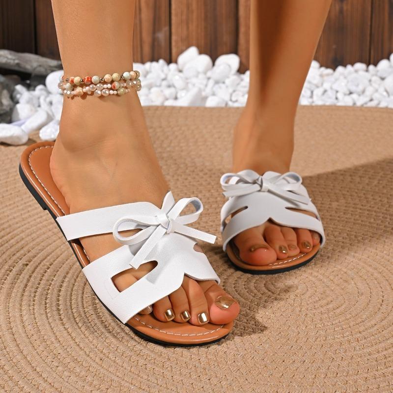 Flat Heel Slippers Spring and Summer New Fish Mouth Solid Color Bow Light Flat Bottom Roman Beach Sandal Women
