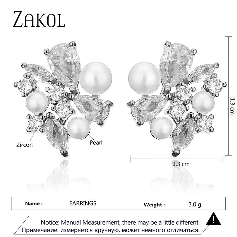 ZAKOL Korean Flower Shape Imitation Pearl Stud Earrings for Women Fashion Geometry White Zircon Earring Wedding Jewelry